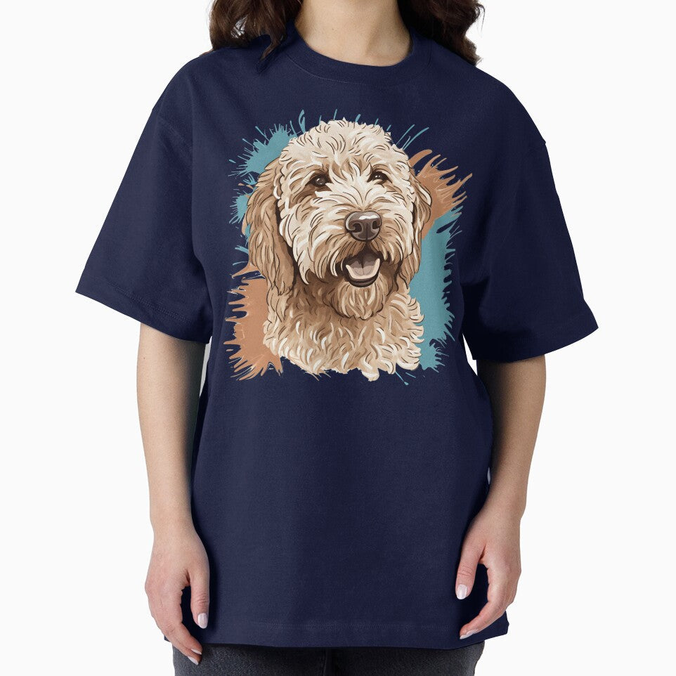 Cream Colored Labradoodle with Blue and Tan Paint Splatters by PoodleDoodles4U