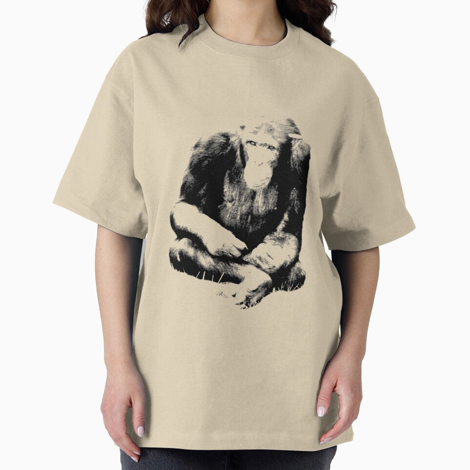 Chimpanzee Sitting in the Jungle. Wildlife Digital Engraving Image by Digital Eclectica