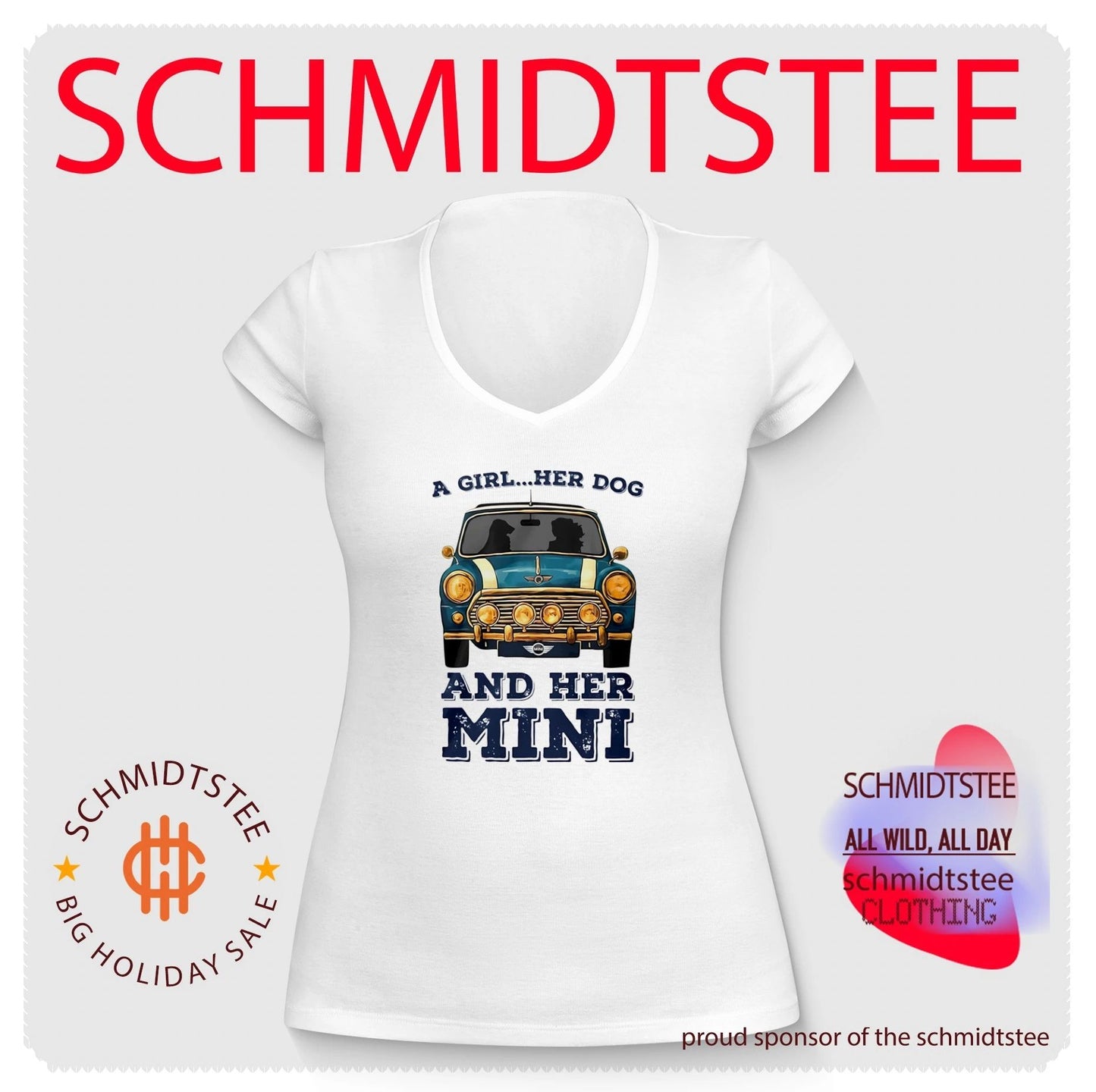 A girl and her dog and her mini car shirt