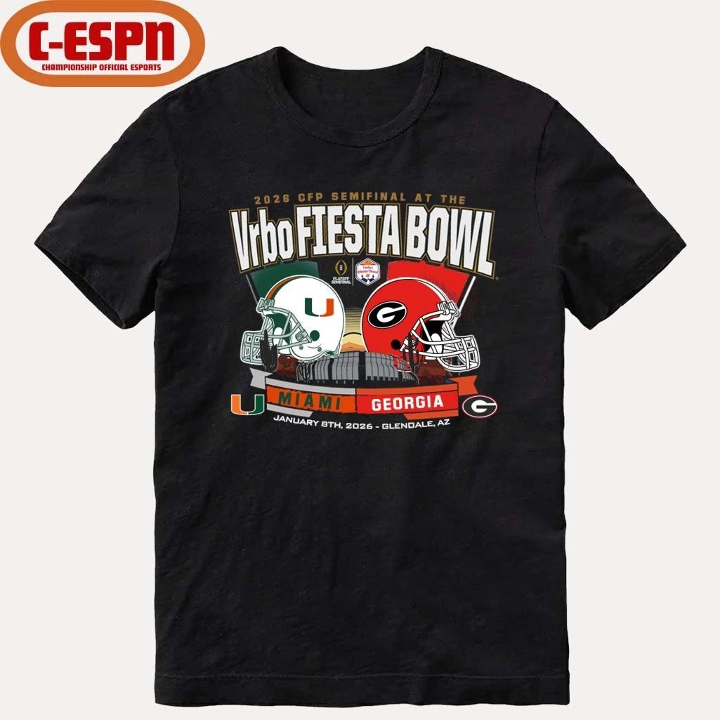 Miami Hurricanes Vs Georgia Bulldogs Vrbo Fiesta Bowl Matchup T-Shirt