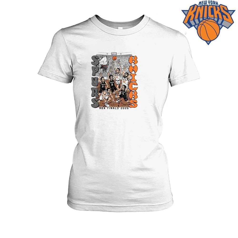 New York Knicks Champions NBA 2026 Versus San Antonio Spurs Basketball Finals Cartoon Graphic Tee Shirt