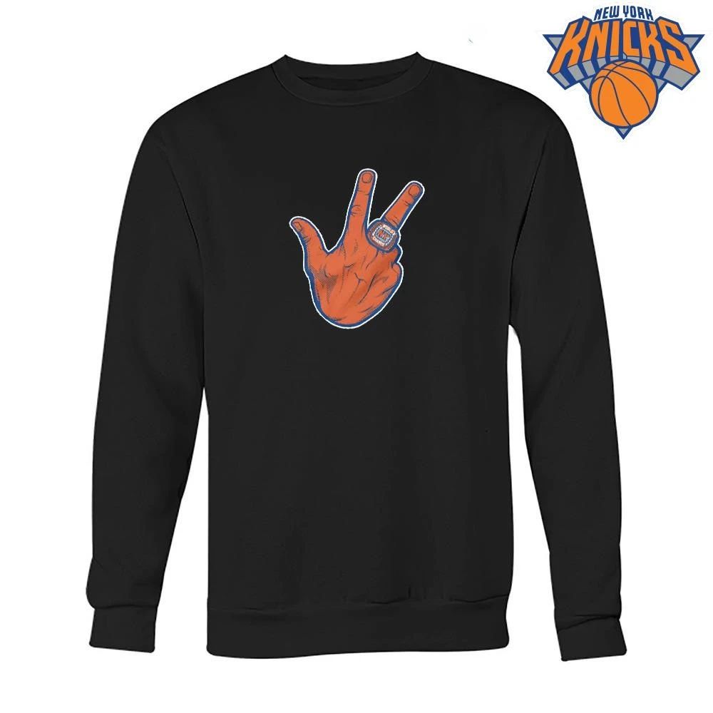 New York Knicks Champions NBA 2026 Three Point Hand Gesture Championship Ring Blue Shirt