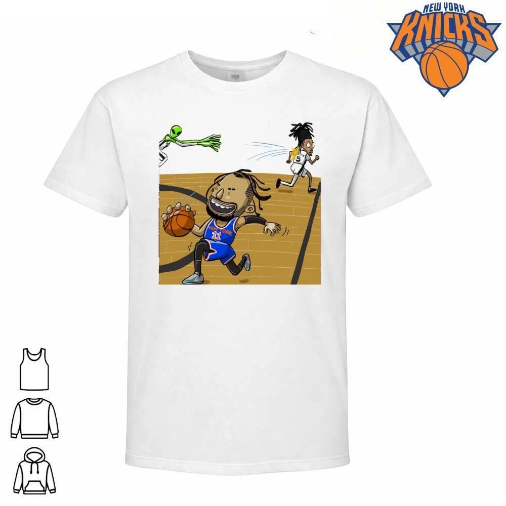 New York Knicks Jalen Brunson Dribbling Stepping Past San Antonio Spurs Stephon Castle Alien Victor Wembanyama Cartoon Graphic NBA Finals 2026 Shirt