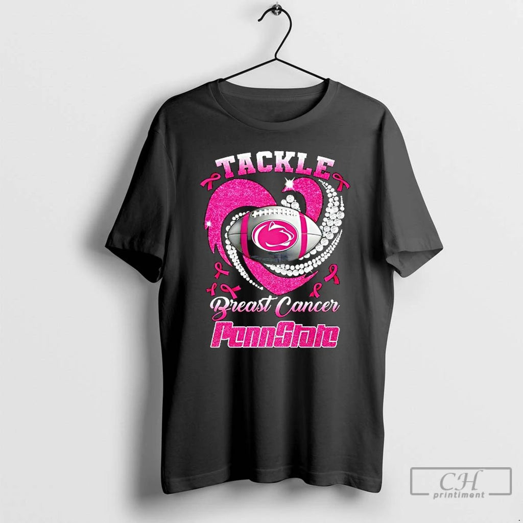 Premium Penn State Nittany Lions Tide Breast Cancer Awareness Tackle Heart T Shirts