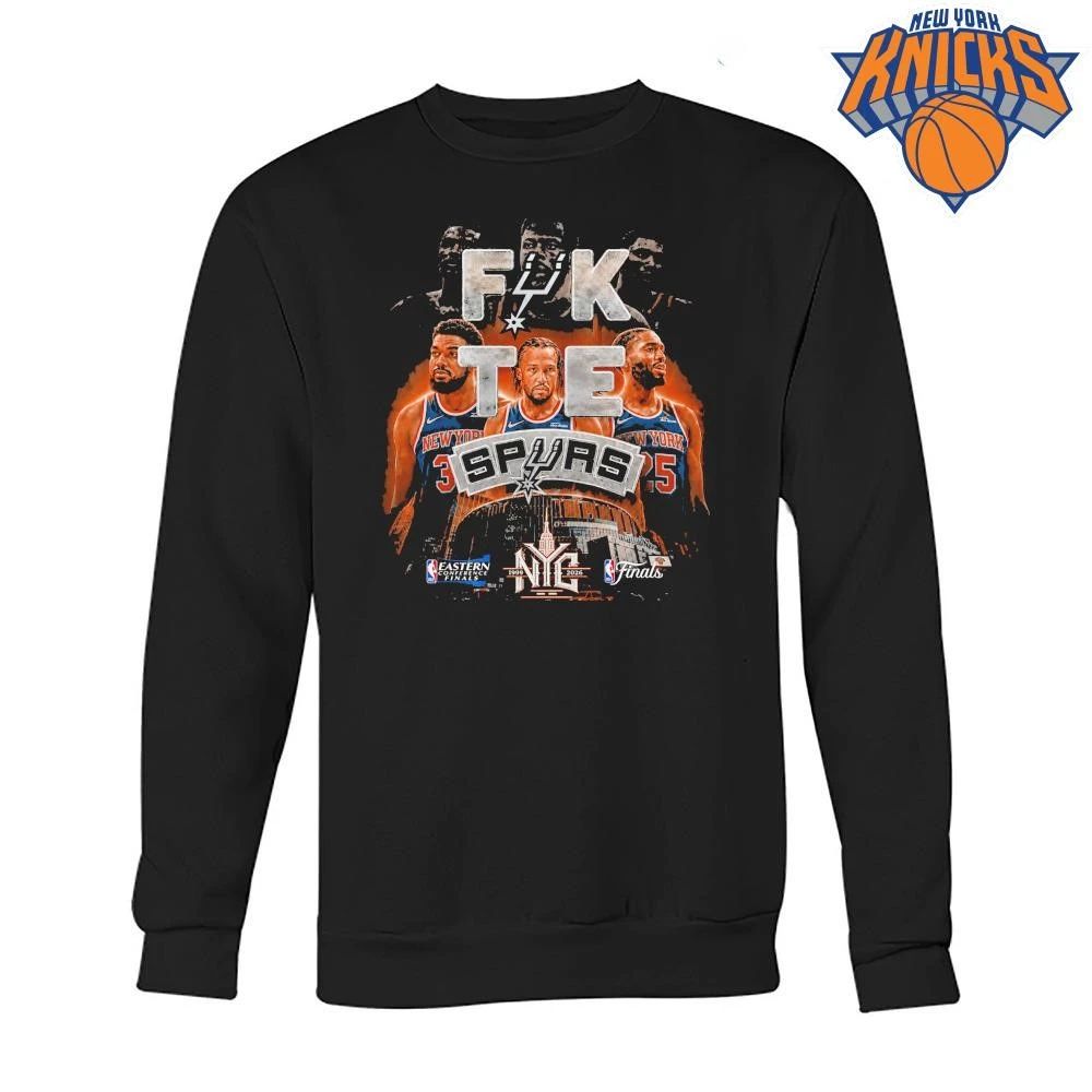 New York Knicks Jalen Brunson Karl Anthony Towns Mikal Bridges Fuck The Spurs 1999 2026 Eastern Conference Finals Black Graphic NBA Finals 2026 Shirt