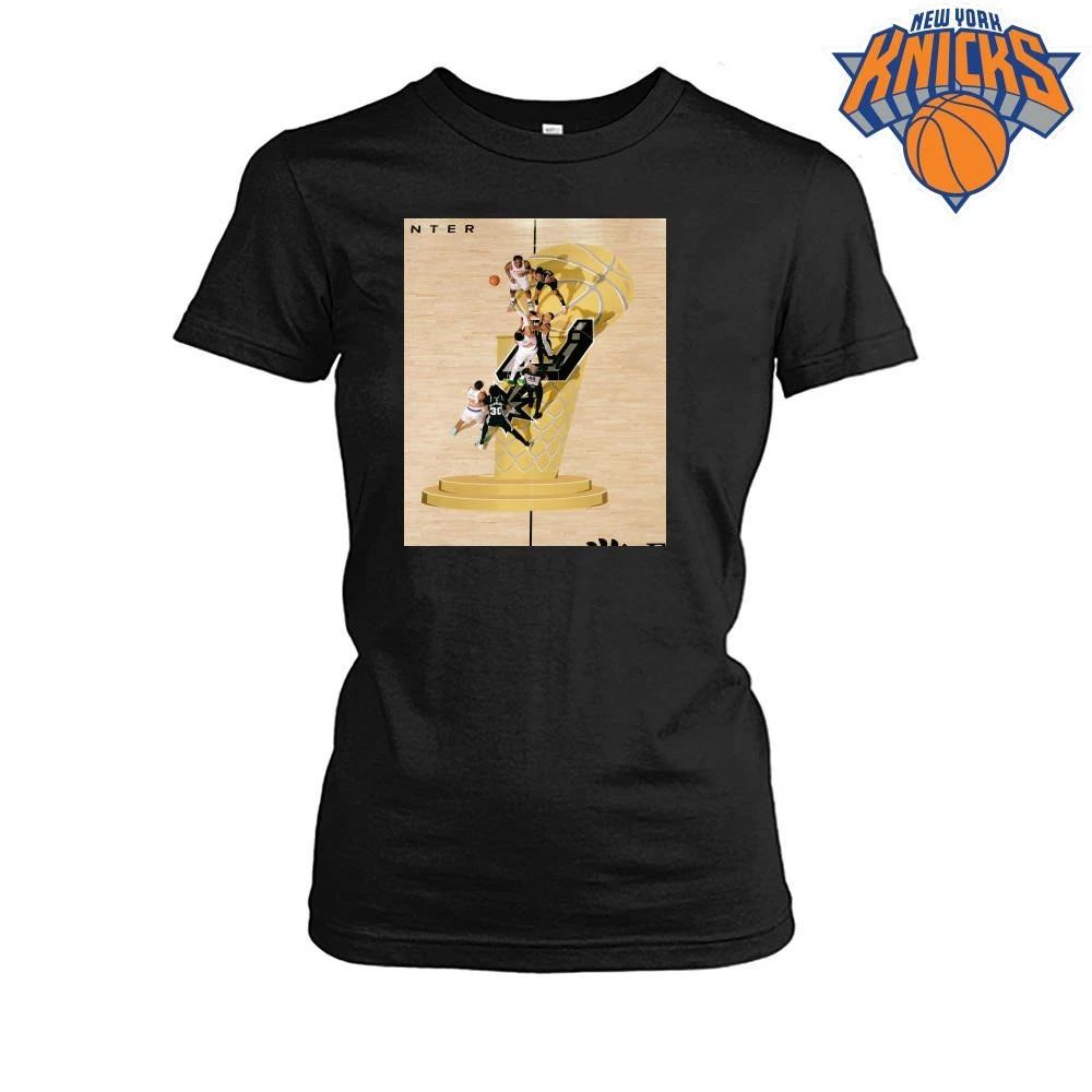New York Knicks vs San Antonio Spurs Karl Anthony Towns Victor Wembanyama Jump Ball Opening Tip Off Larry O Brien Trophy Court Logo Photo NBA Finals 2026 Shirt