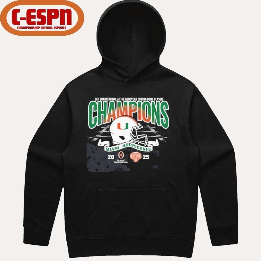 Miami Hurricanes 2025 CFP Goodyear Cotton Bowl Champions Helmet Shirt