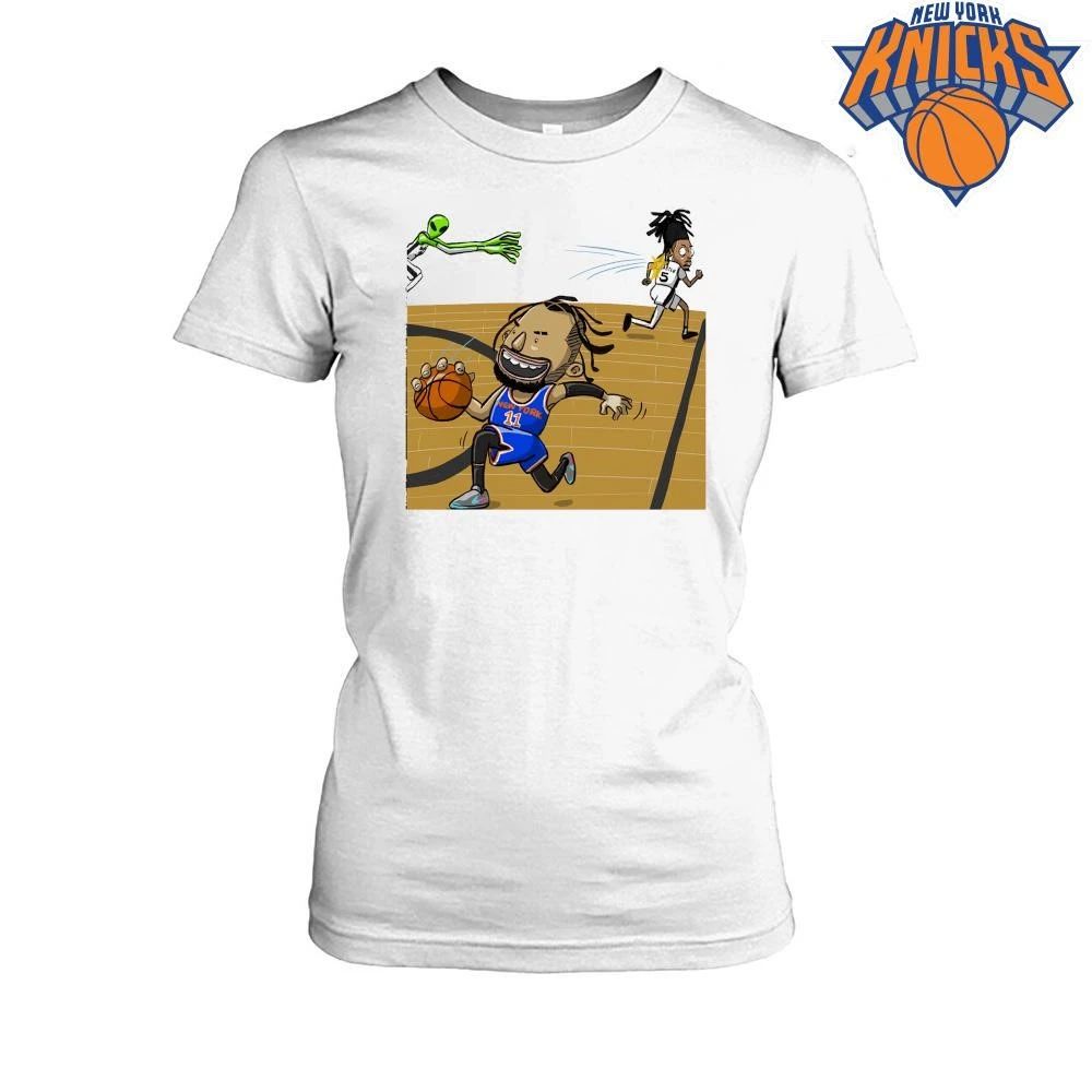 New York Knicks Jalen Brunson Dribbling Stepping Past San Antonio Spurs Stephon Castle Alien Victor Wembanyama Cartoon Graphic NBA Finals 2026 Shirt