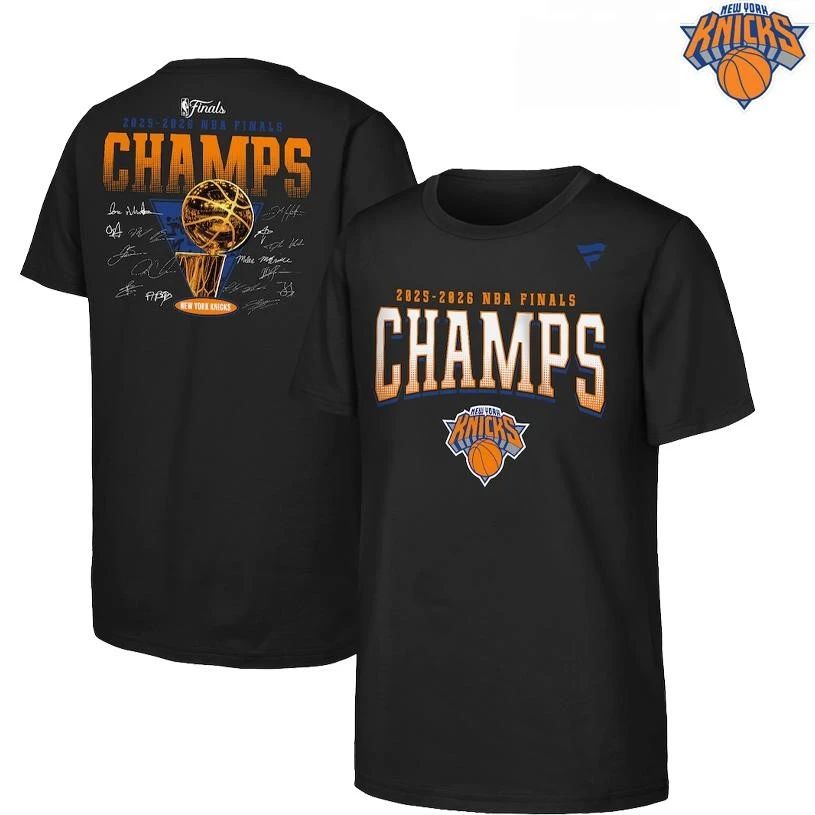New York Knicks Fanatics Youth 2026 NBA Finals Champions Trophy Signature Roster Two Sided Shirt