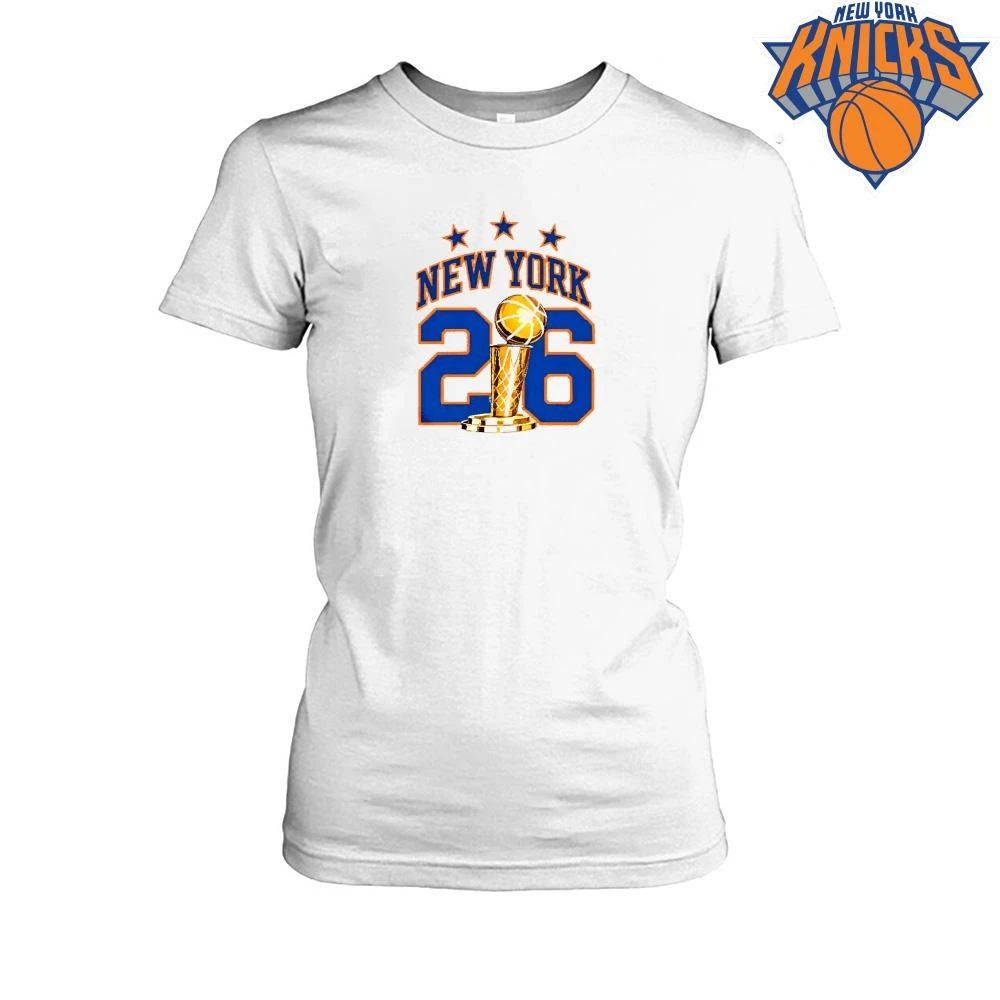 New York Knicks Champions NBA 2026 Larry O Brien Trophy White Shirt