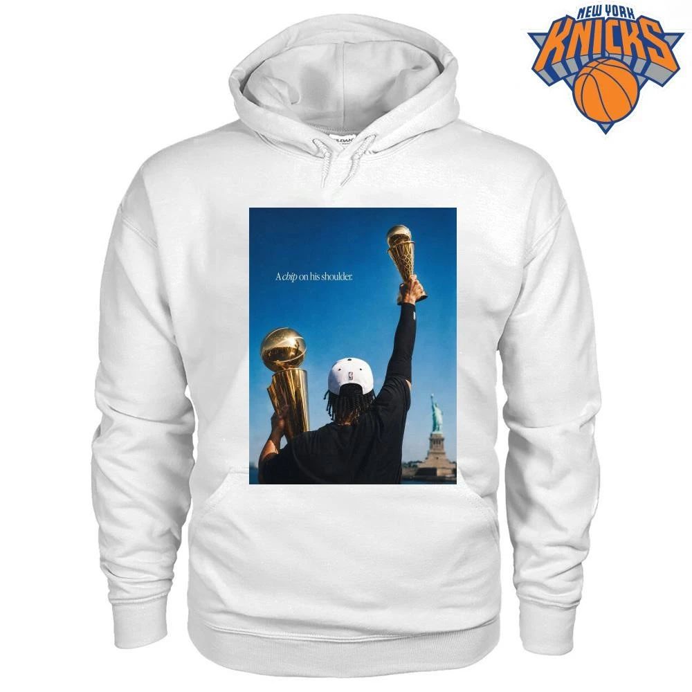 New York Knicks Champions NBA 2026 Jalen Brunson Statue of Liberty A Chip On His Shoulder Larry OBrien Trophy Shirt