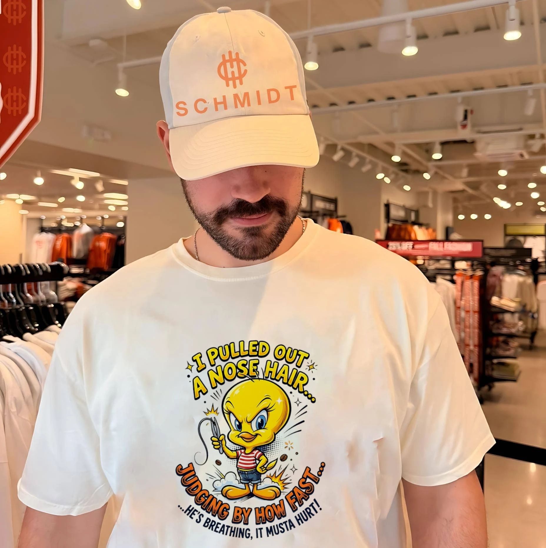 I pulled out a nose hair judging by how fast he’s breathing Tweety shirt