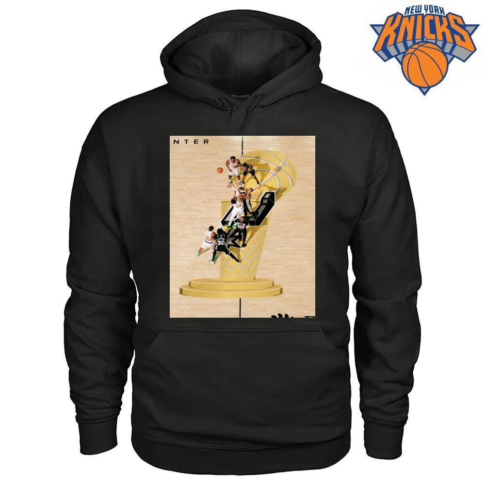 New York Knicks vs San Antonio Spurs Karl Anthony Towns Victor Wembanyama Jump Ball Opening Tip Off Larry O Brien Trophy Court Logo Photo NBA Finals 2026 Shirt