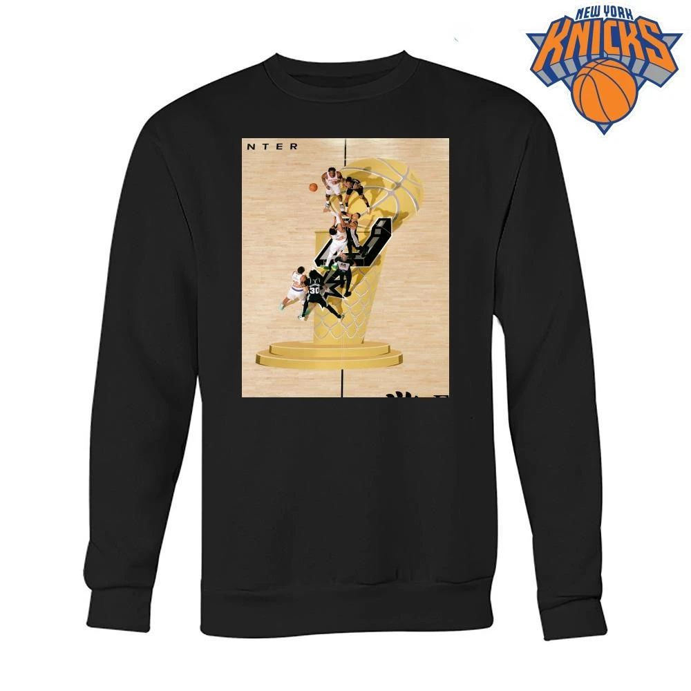 New York Knicks vs San Antonio Spurs Karl Anthony Towns Victor Wembanyama Jump Ball Opening Tip Off Larry O Brien Trophy Court Logo Photo NBA Finals 2026 Shirt