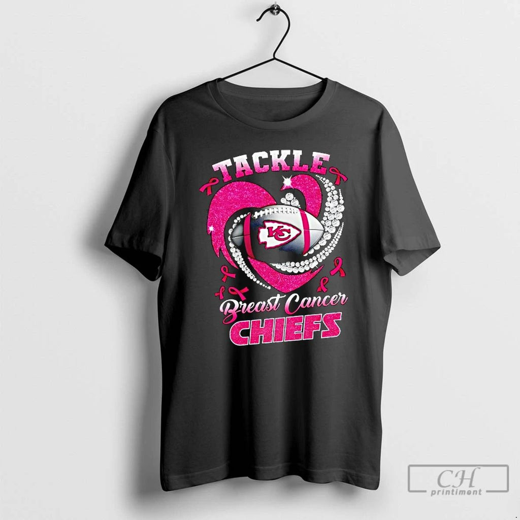 Premium Kansas City Chiefs Breast Cancer Awareness Tackle Heart T Shirts