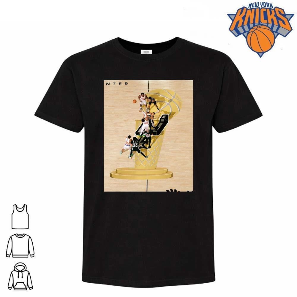 New York Knicks vs San Antonio Spurs Karl Anthony Towns Victor Wembanyama Jump Ball Opening Tip Off Larry O Brien Trophy Court Logo Photo NBA Finals 2026 Shirt