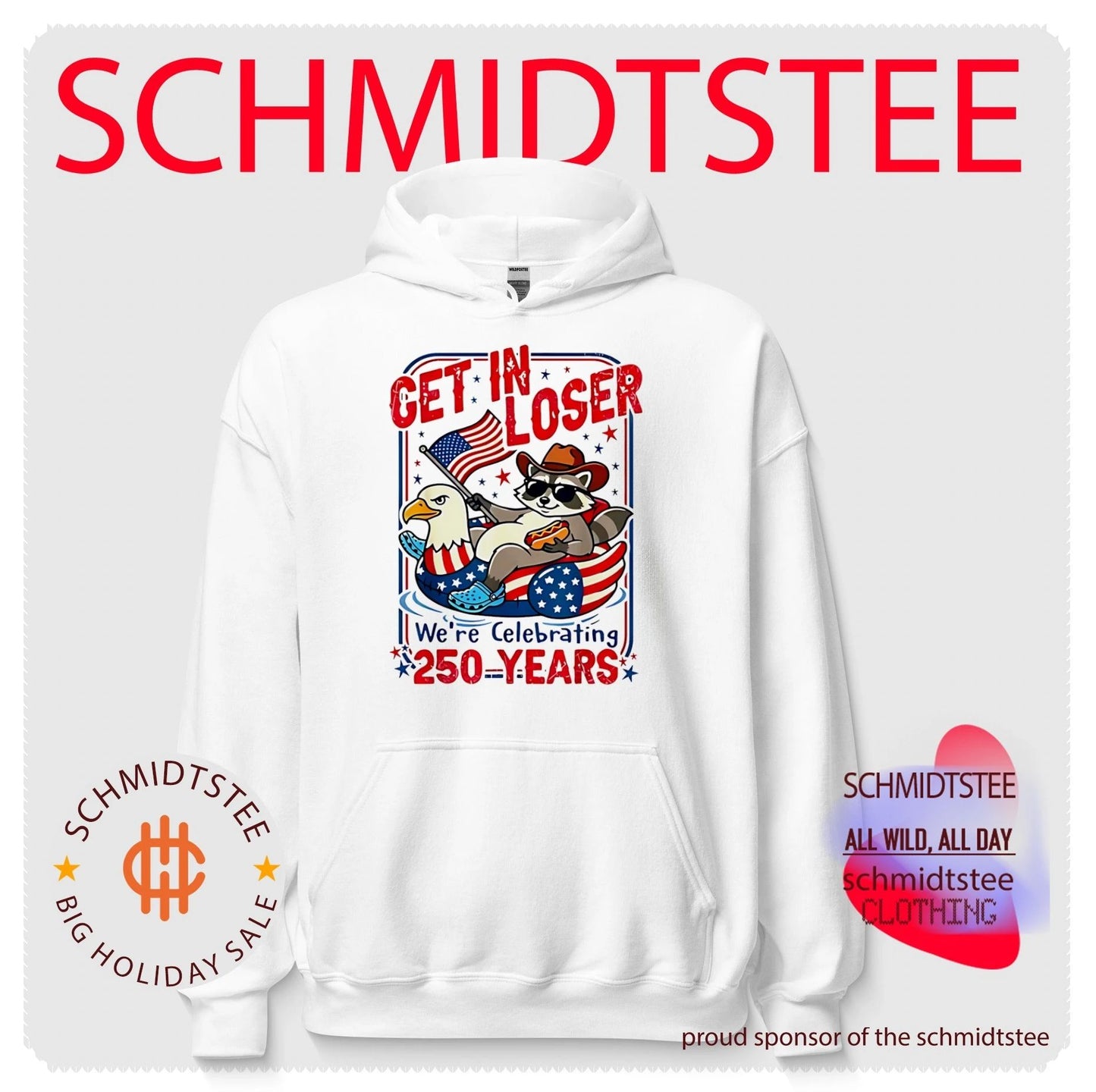 Get in loser we’re celebrating 250 years cartoon racoon shirt