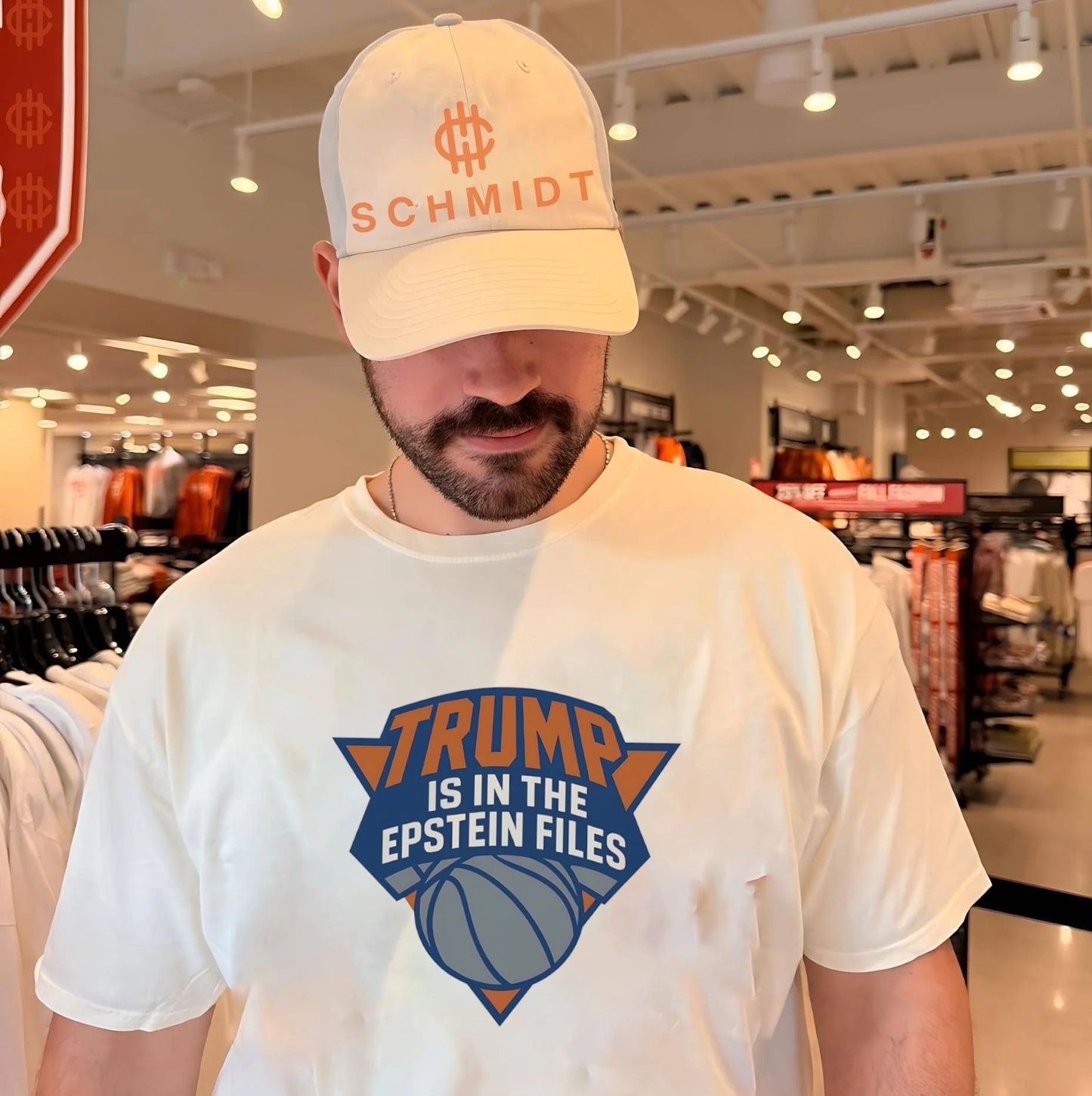 Trump is in the Epstein Files New York Knicks logo shirt
