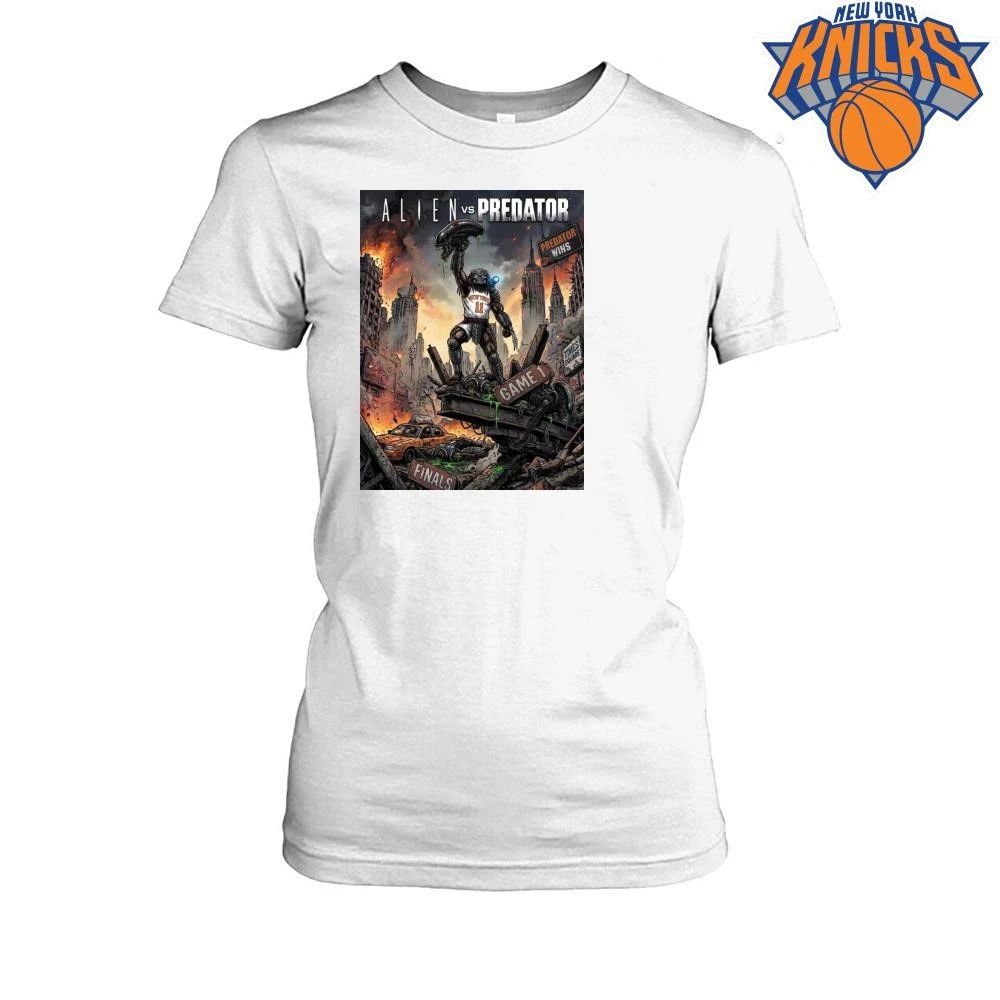 New York Knicks Jalen Brunson Predator Vs Alien San Antonio Spurs Game 1 Comic Graphic NBA Finals 2026 Shirt