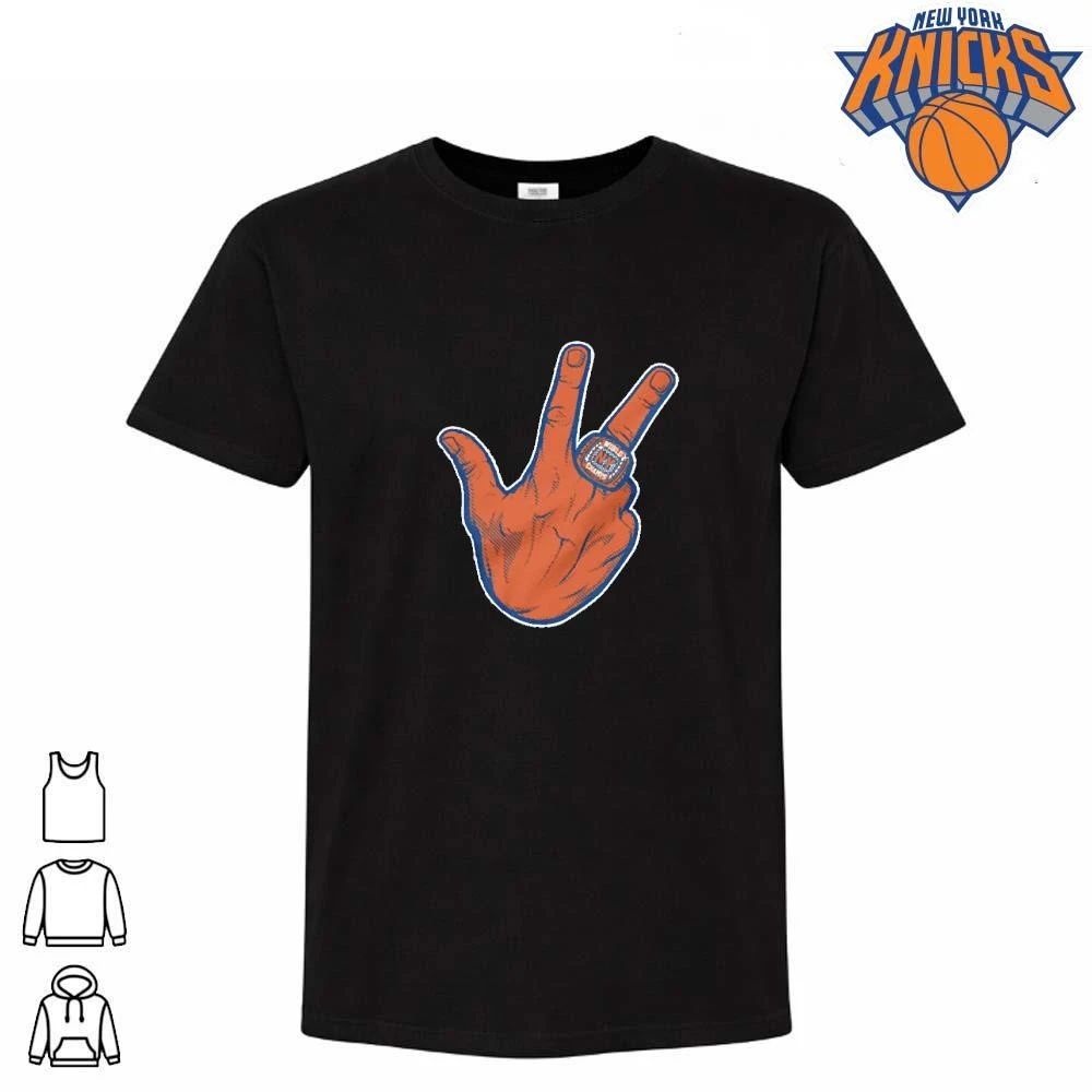 New York Knicks Champions NBA 2026 Three Point Hand Gesture Championship Ring Blue Shirt