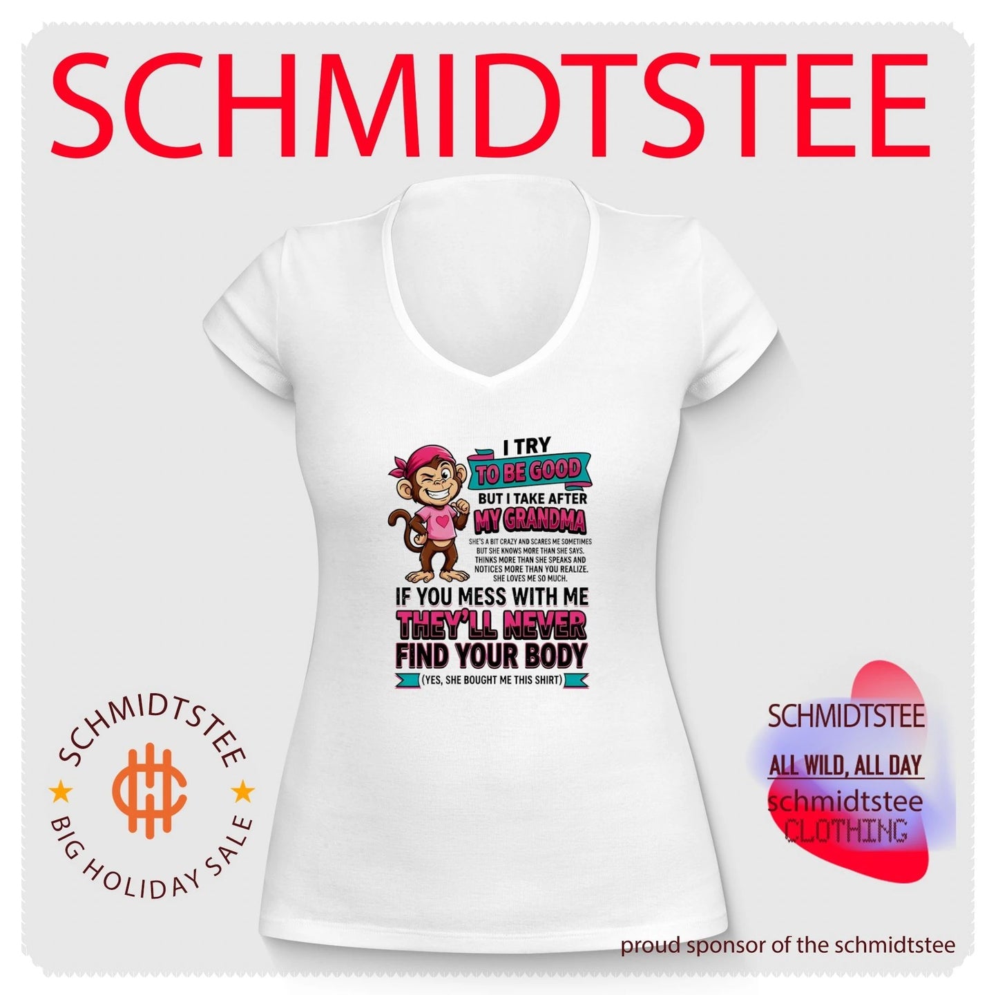 I try to be good but I take after my grandma she’s a bit crazy and scares cartoon monkey shirt