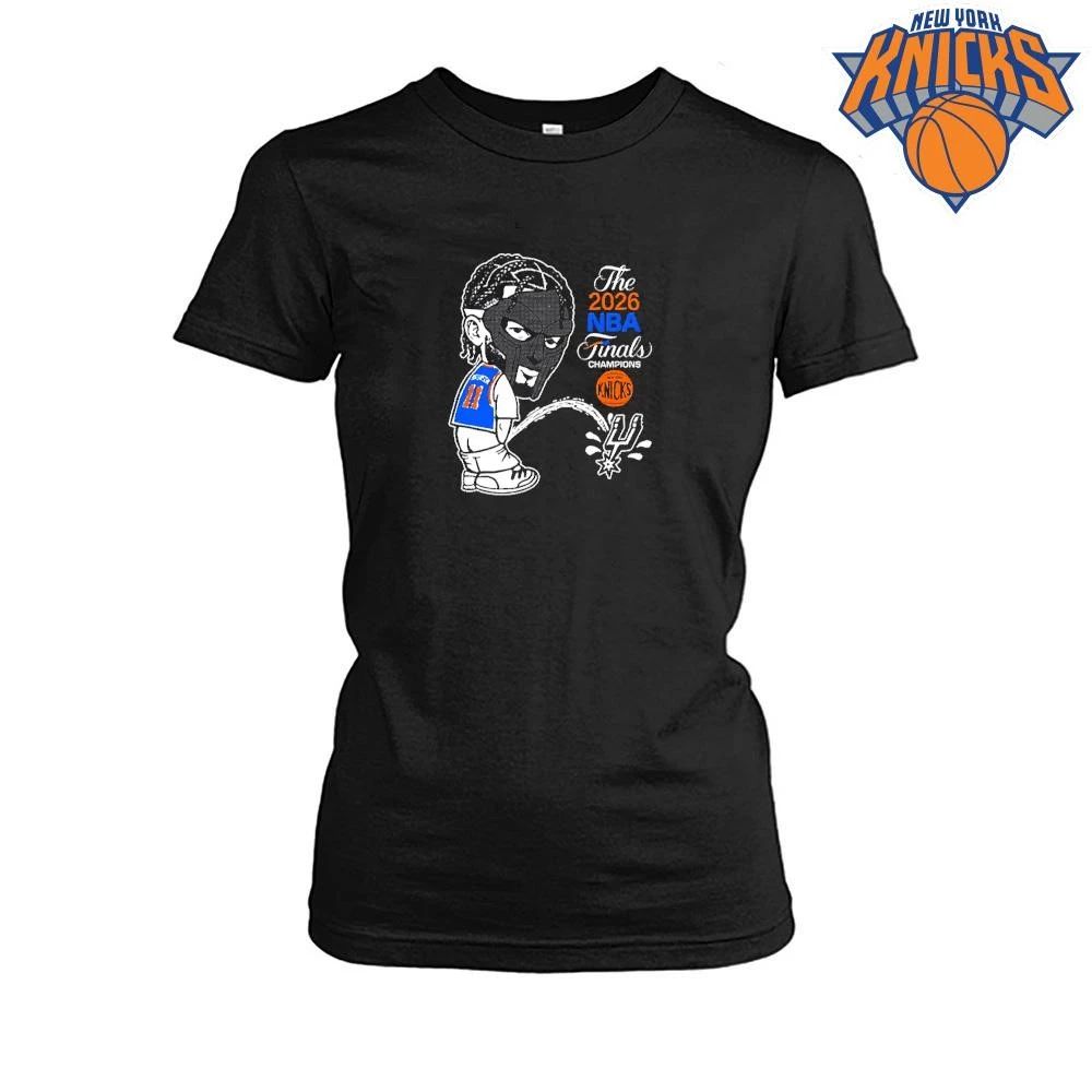 New York Knicks MF DOOM Mask Jalen Brunson Peeing On San Antonio Spurs Logo Black T Shirt