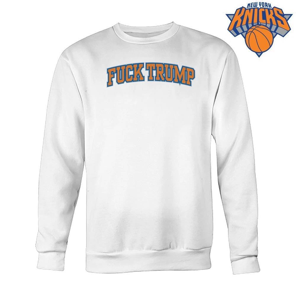 New York Knicks Style Fuck Trump Anti Donald Trump Blue Orange Typography Text Graphic NBA Finals 2026 Shirt