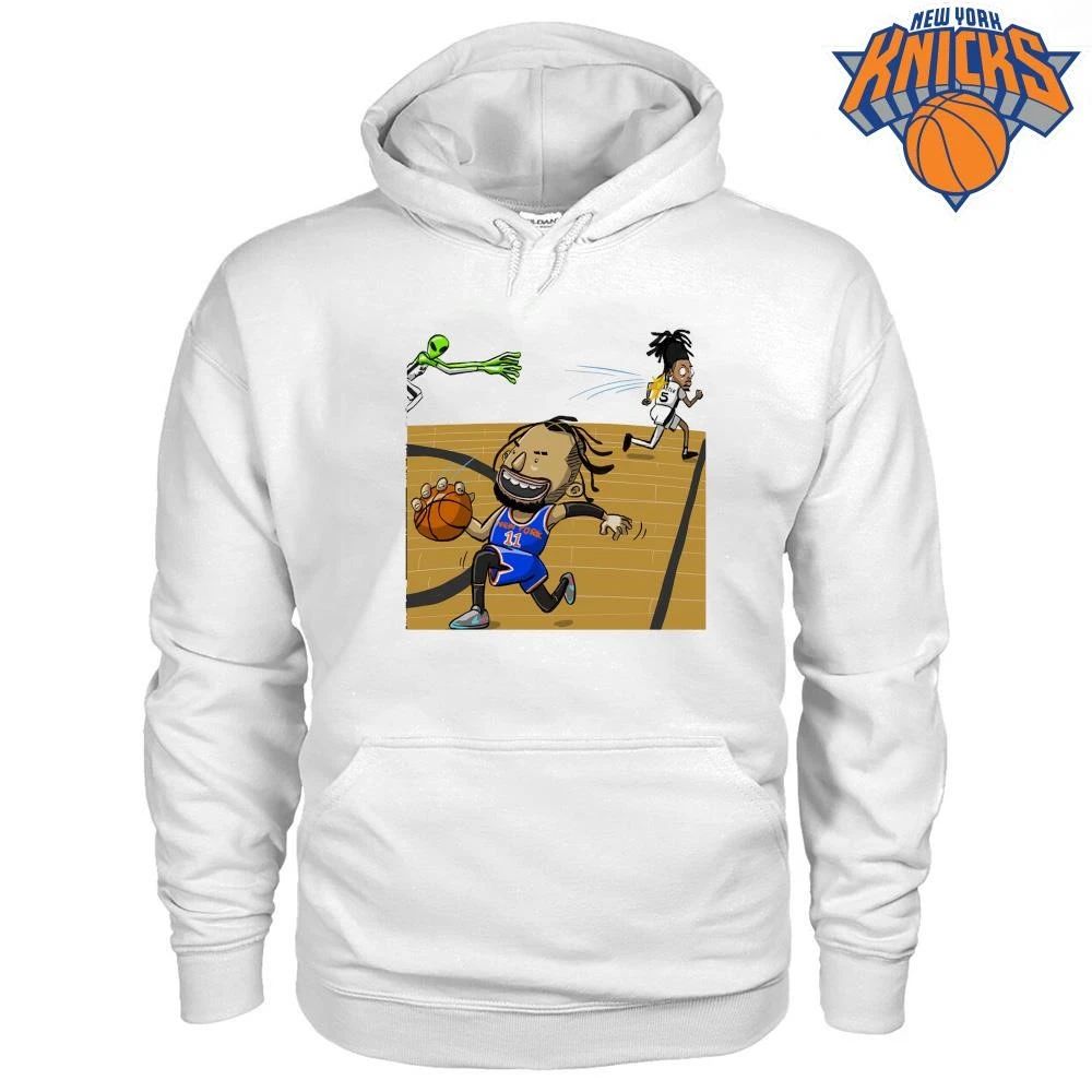 New York Knicks Jalen Brunson Dribbling Stepping Past San Antonio Spurs Stephon Castle Alien Victor Wembanyama Cartoon Graphic NBA Finals 2026 Shirt