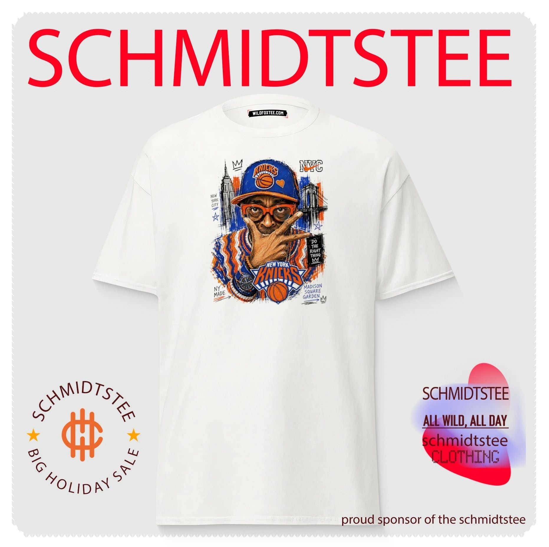 Spike Lee wearing New York Knicks hat illustration shirt