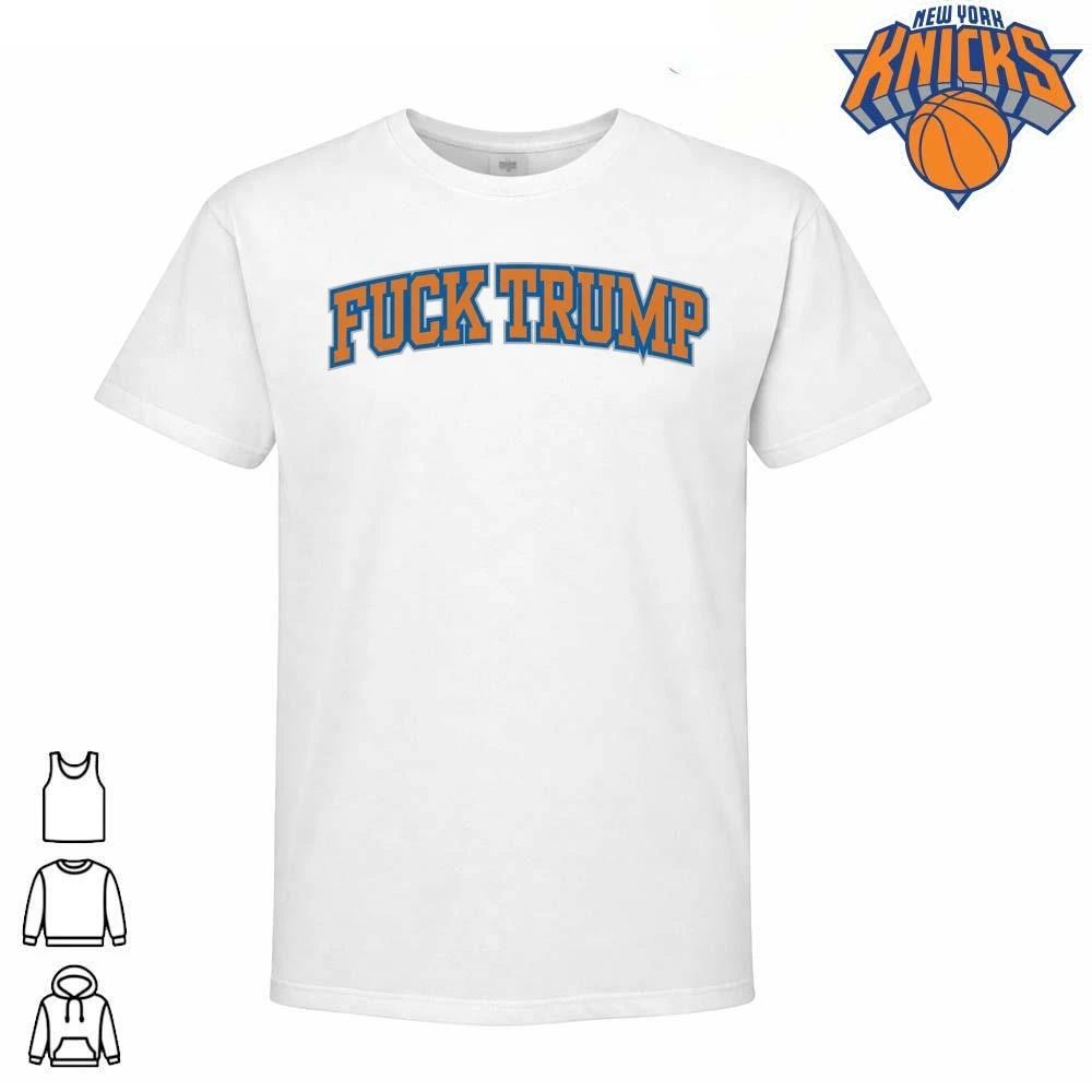 New York Knicks Style Fuck Trump Anti Donald Trump Blue Orange Typography Text Graphic NBA Finals 2026 Shirt
