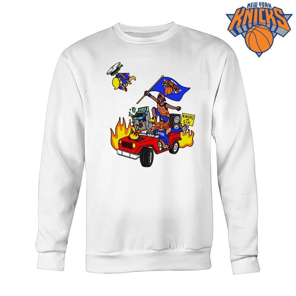 New York Knicks In Six Car Driving Fire Helicopter Cartoon Fan Graphic NBA Finals 2026 Shirt