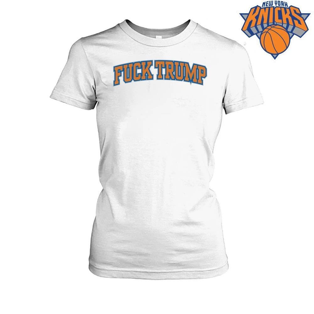 New York Knicks Style Fuck Trump Anti Donald Trump Blue Orange Typography Text Graphic NBA Finals 2026 Shirt