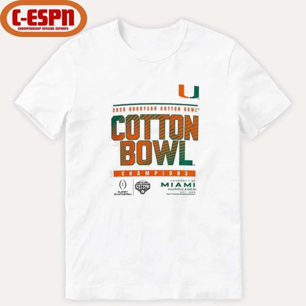University Of Miami Hurricanes 2025 Goodyear Cotton Bowl Champions T-Shirt