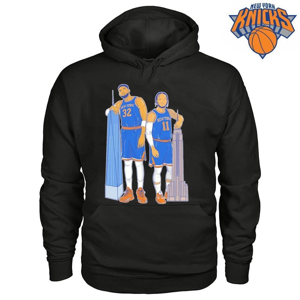 New York Knicks Karl Anthony Towns Jalen Brunson Empire State Building One World Trade Center Cartoon Art Black Graphic Shirt