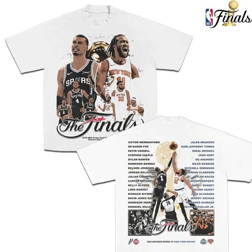 San Antonio Spurs Victor Wembanyama Vs New York Knicks Jalen Brunson The Finals Roster Graphic Basketball NBA Finals 2026 Two Sided Shirt