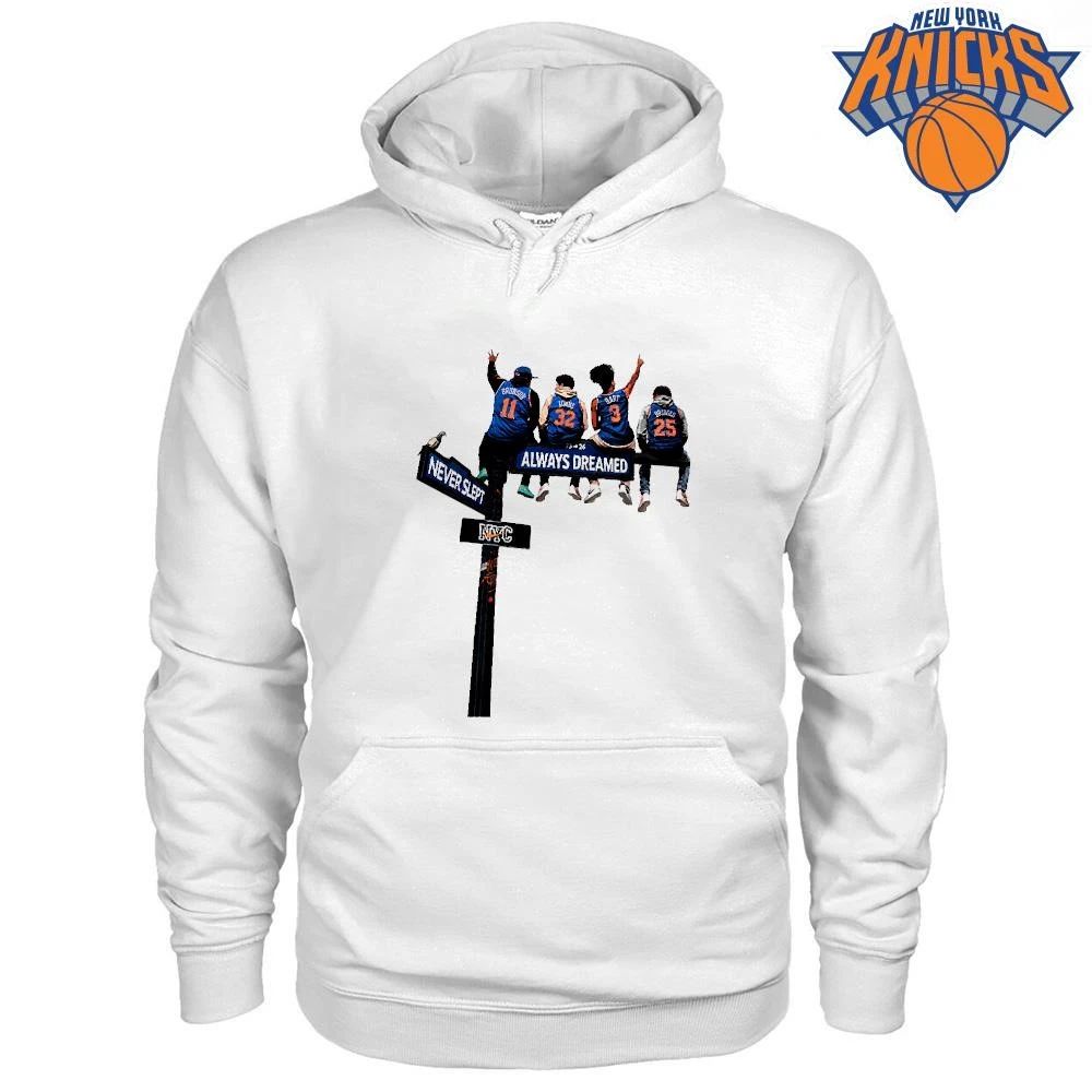 Brunson Towns Hart Bridges Sitting On NYC Street Sign Never Slept Always Dreamed New York Knicks Champions NBA 2026 shirt