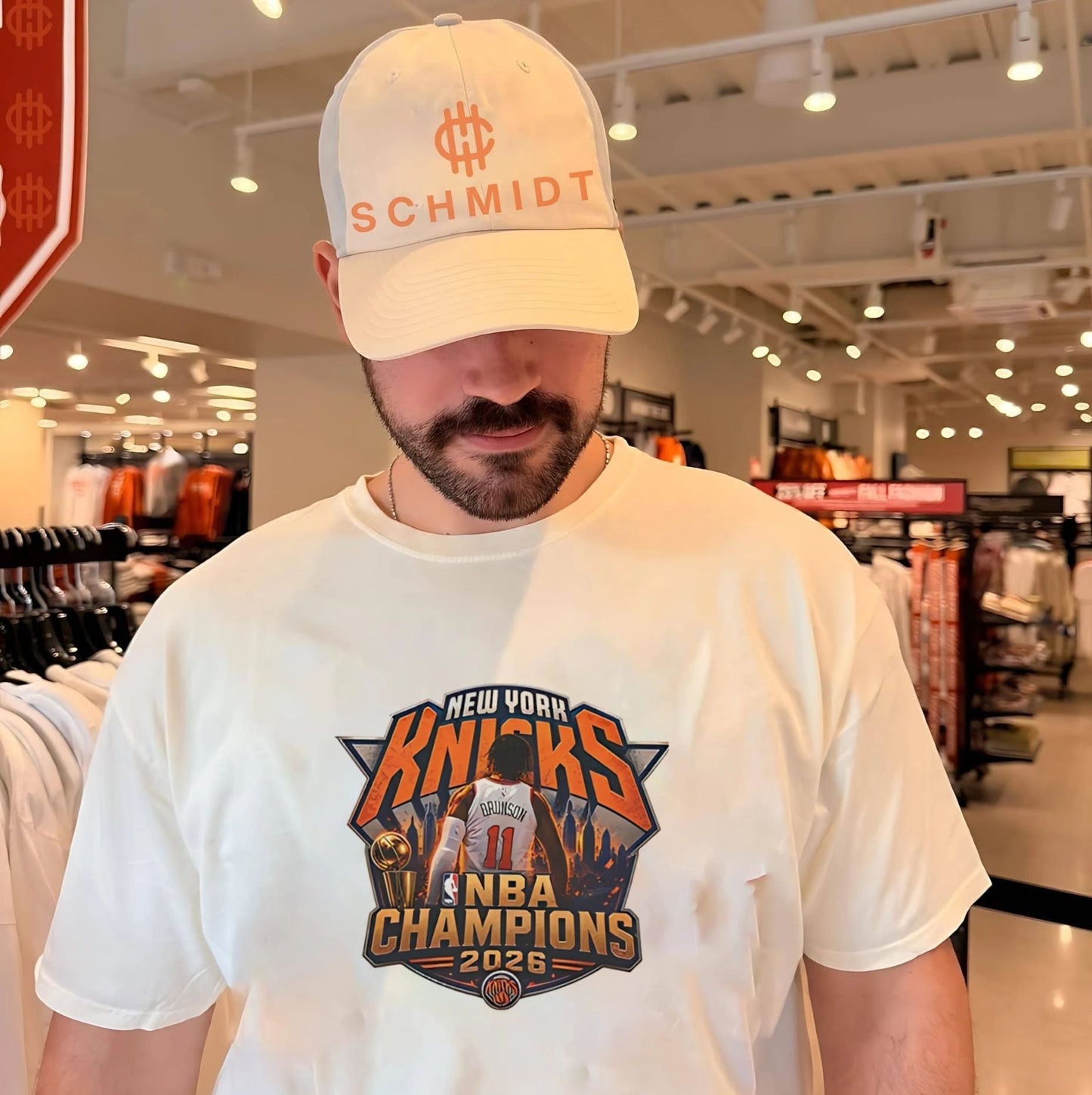 Jalen Brunson New York Knicks NBA Champions 2026 city background shirt