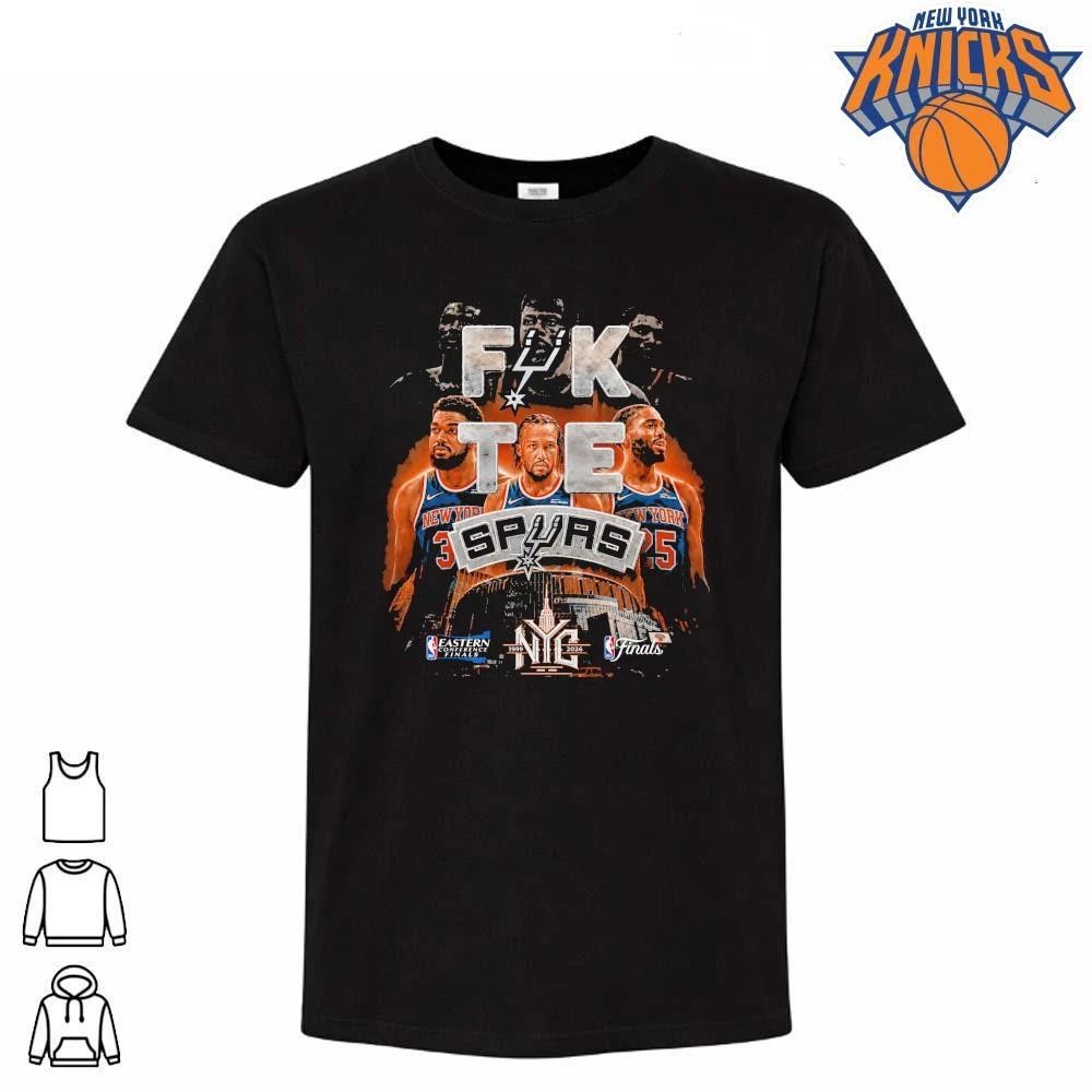 New York Knicks Jalen Brunson Karl Anthony Towns Mikal Bridges Fuck The Spurs 1999 2026 Eastern Conference Finals Black Graphic NBA Finals 2026 Shirt