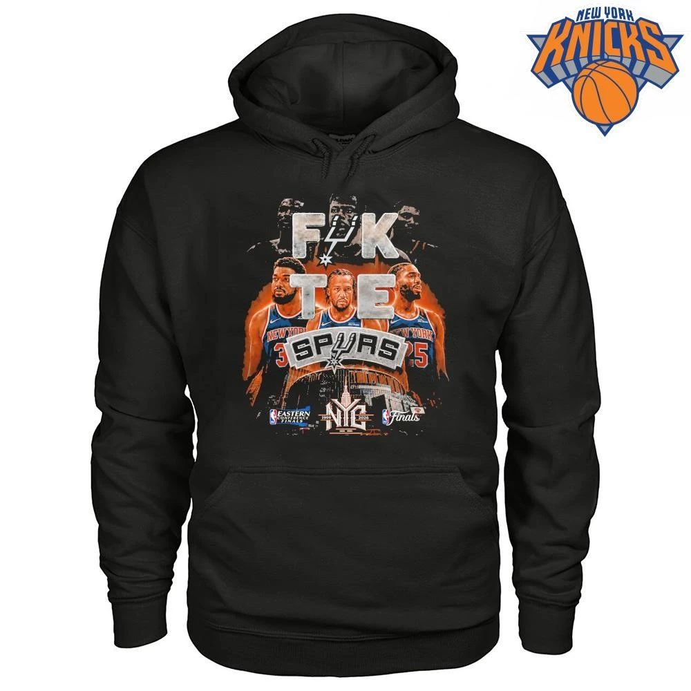 New York Knicks Jalen Brunson Karl Anthony Towns Mikal Bridges Fuck The Spurs 1999 2026 Eastern Conference Finals Black Graphic NBA Finals 2026 Shirt