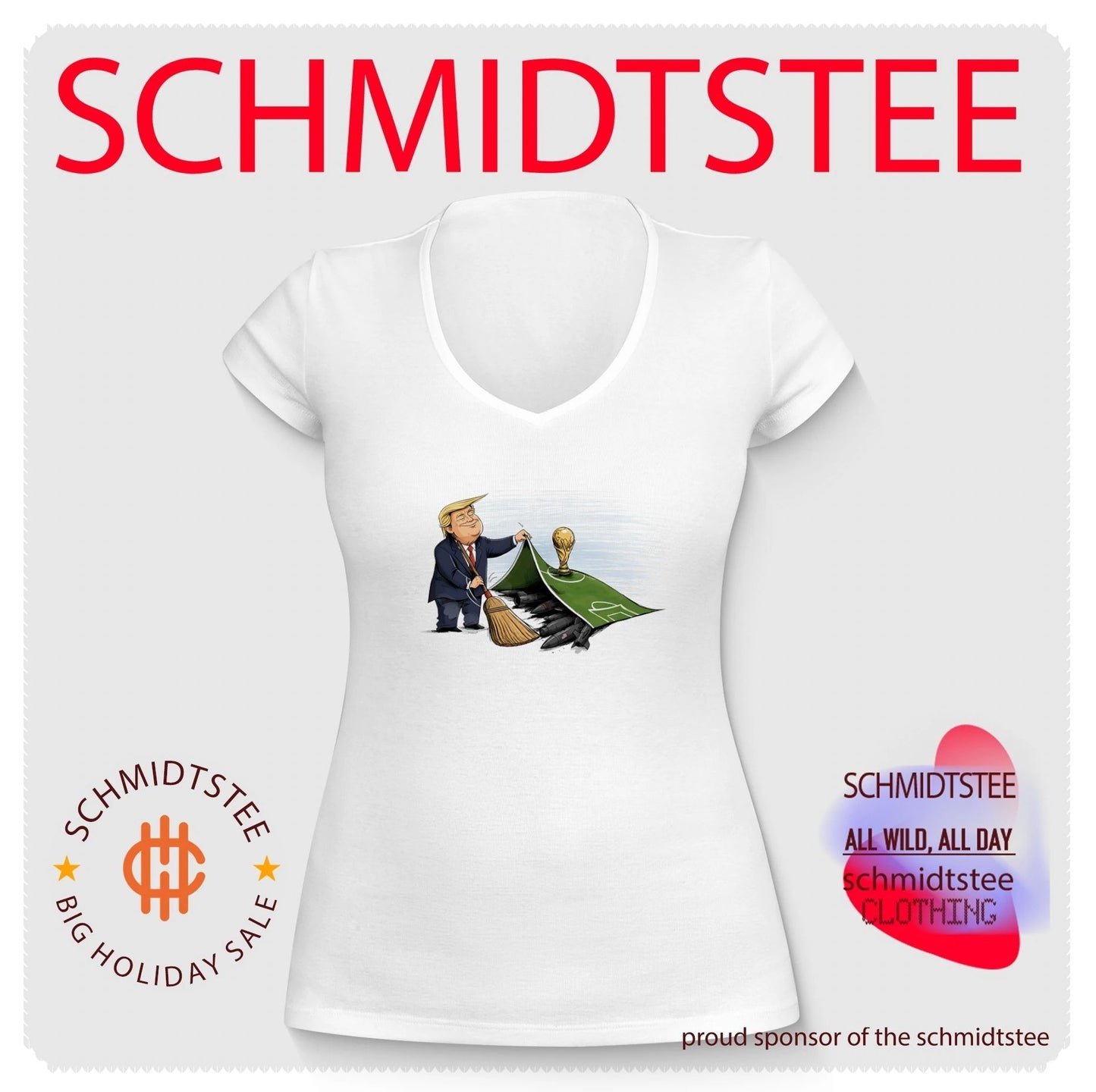 Trump versus Hormuz beside World Cup illustration shirt