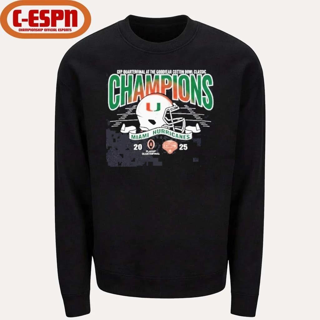 Miami Hurricanes 2025 CFP Goodyear Cotton Bowl Champions Helmet Shirt
